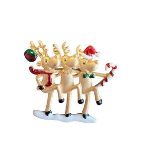 Dancing Reindeer Christmas Brooch Pin With Festive Details